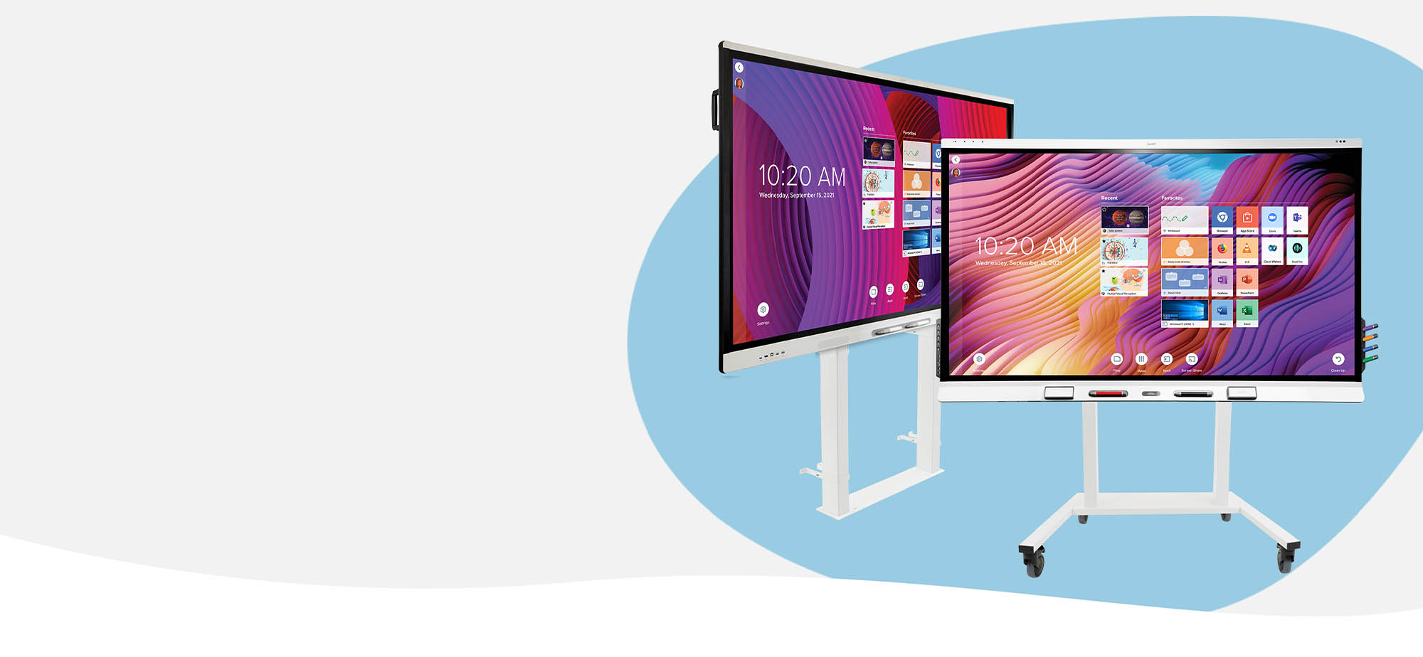 Two SMART Board interactive displays mounted on SMART Electric Height-Adjustable Stands, showcasing their versatility and adaptability for different learning environments.