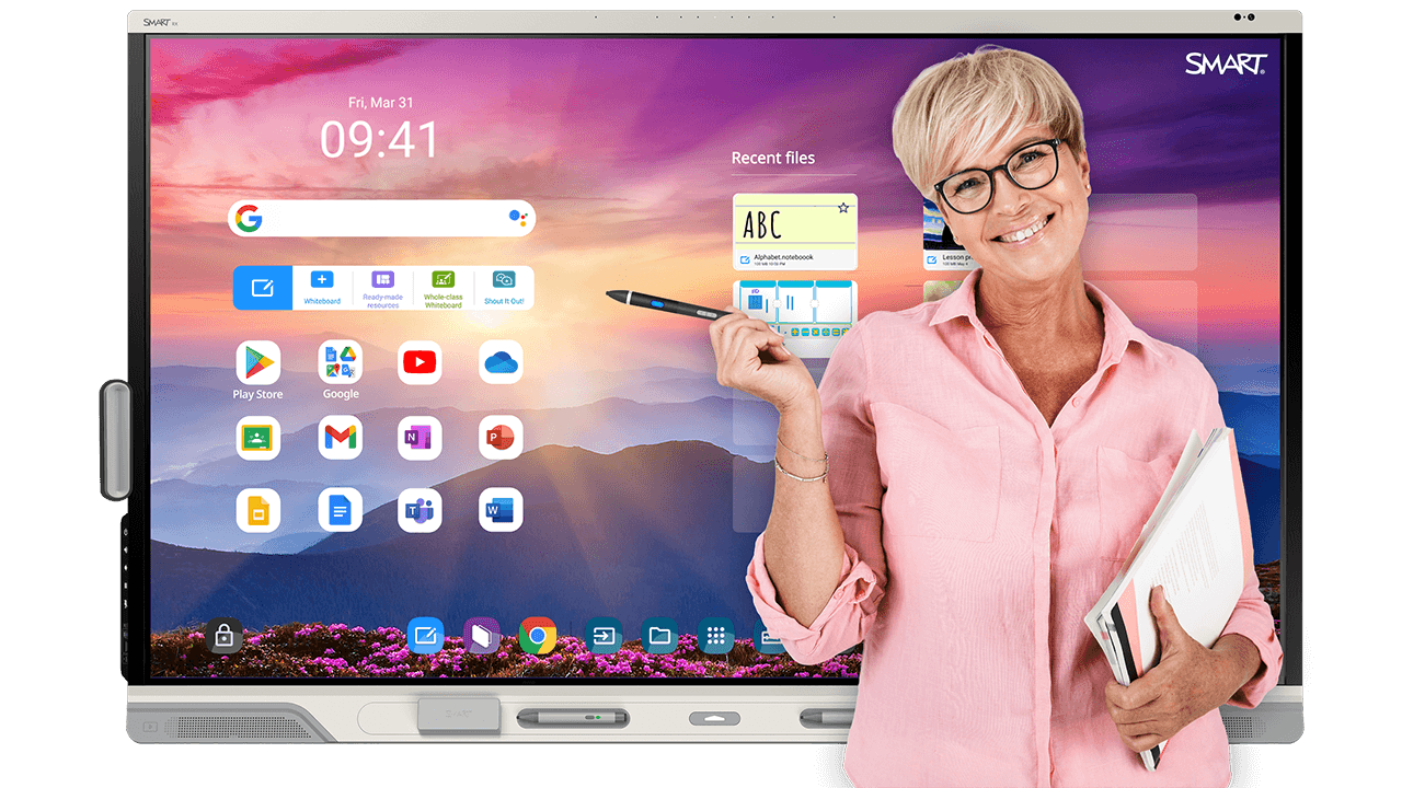 Teacher standing with a SMART Board holding a SMART MultiStylus