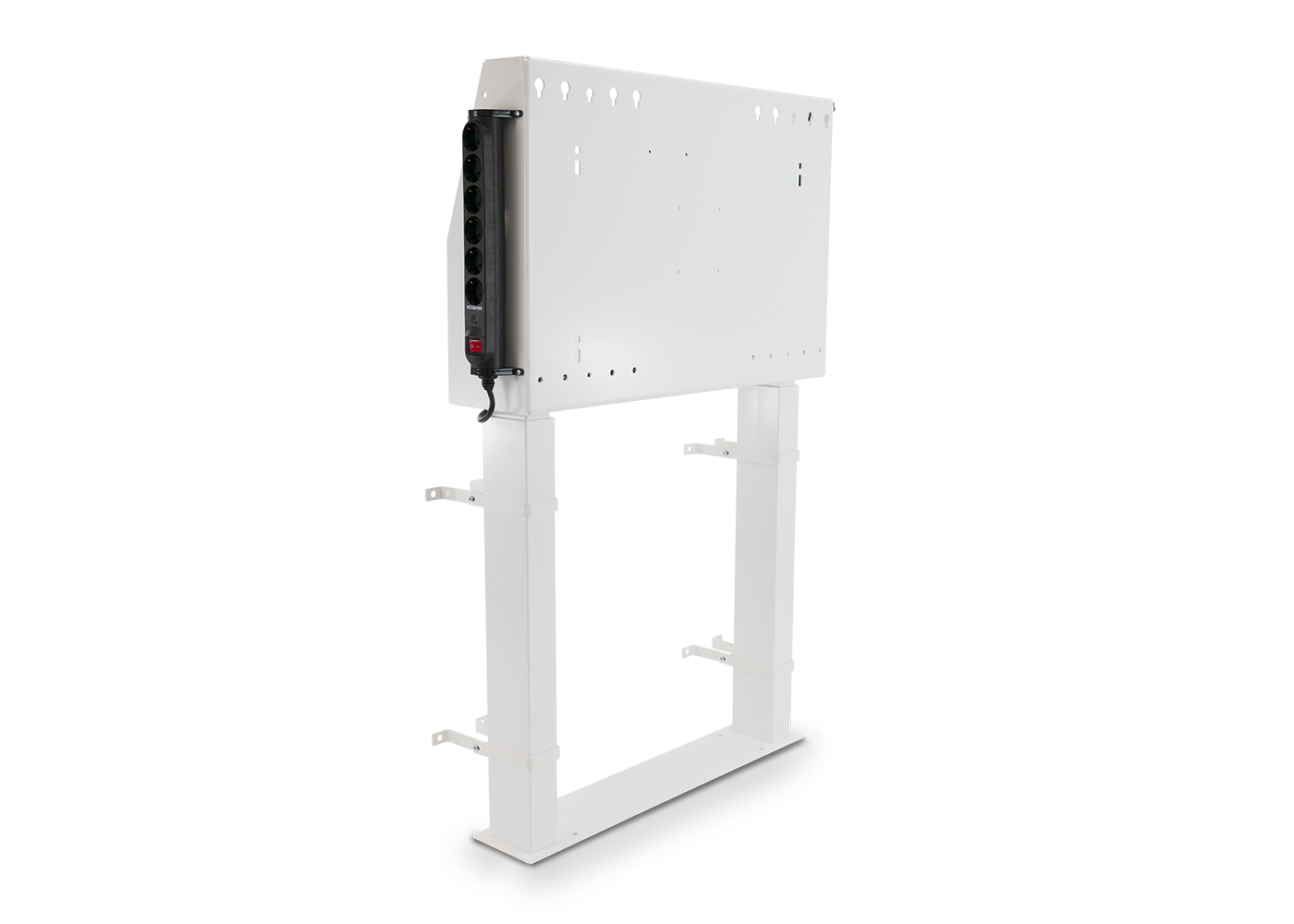 A white SMART wall stand with a height-adjustable mount and a power strip, engineered to transfer the weight of a display to the floor, which mitigates the need for wall reinforcement.
