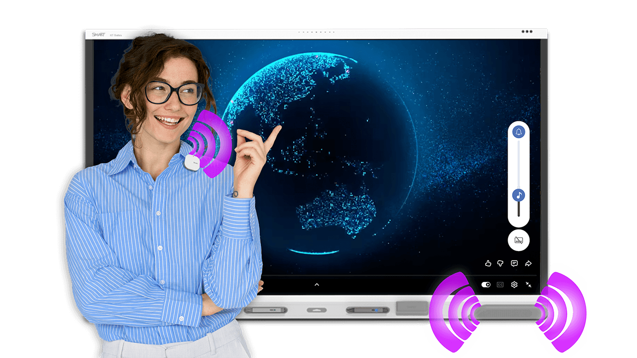 Teacher standing with a SMART Board using a SoundLift microphone