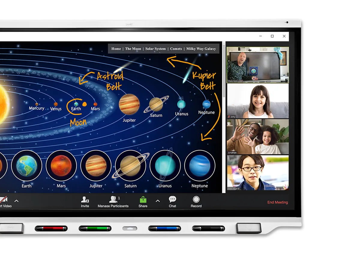 An image previewing the SMART Board 7000R with a group of students engaged in a video conference in the foreground. The students are visible on the screen of the SMART Board, while the background displays a lesson about the Solar System.