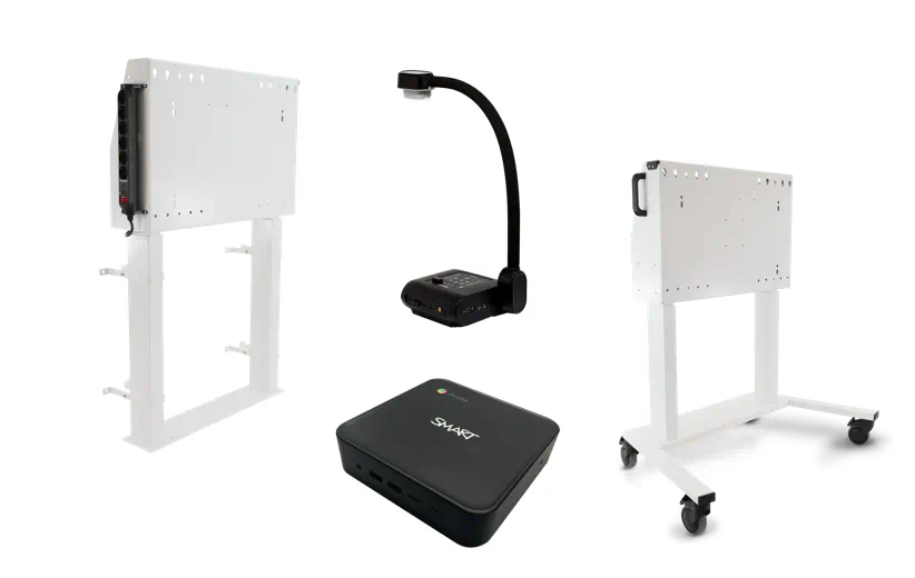 An image showcasing a variety of SMART accessories, including the SMART Document Camera, height-adjustable mobile and wall stands, OPS PC modules, and Chromebox™.