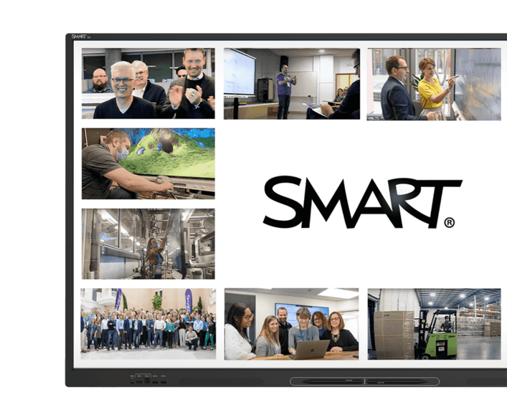 A collage displayed on a SMART Board showcasing various professional settings and teams engaging in collaborative work, with the SMART logo prominently featured in the center.