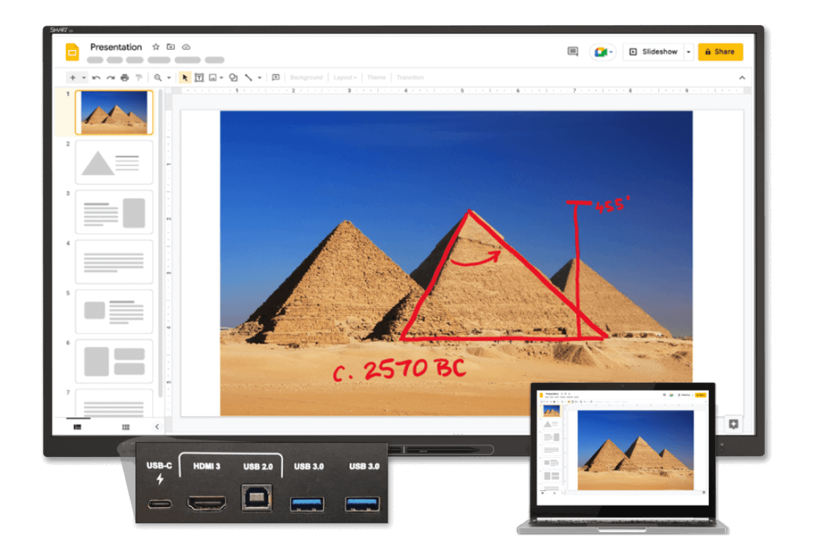 Educational presentation on SMART Board displaying the Pyramids of Giza with annotations explaining the construction date around 2570 BC and the height marked as '455'.