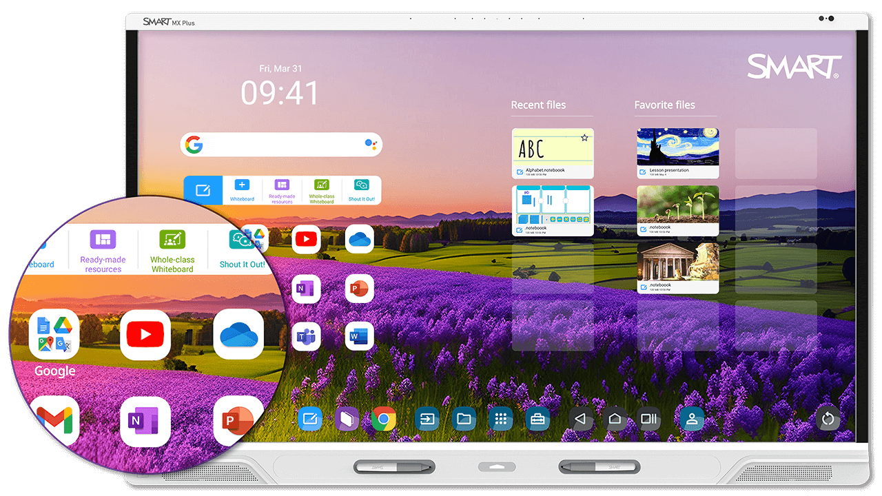 Close-up view of the SMART MX Plus interface with app icons and a magnified view highlighting Google, YouTube, and productivity tools.