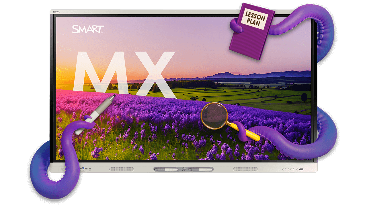 SMART Board MX series interactive display with Octopus arms holding a pen, lesson plan and magnifying glass