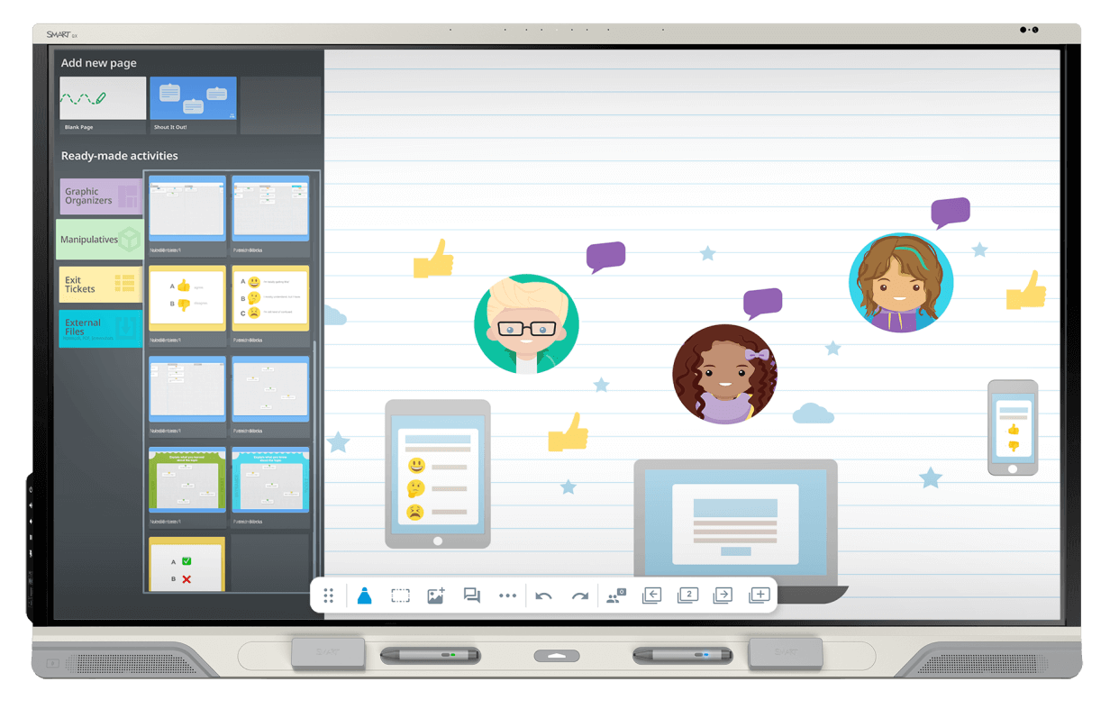 Engaging educational interface on SMART Board RX series featuring interactive learning icons and graphics.