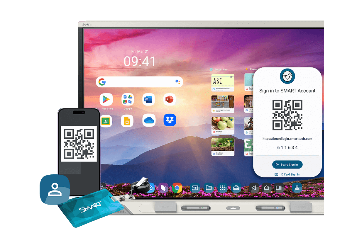 SMART Board RX series with iQ 4 displaying secure sign-in options, including QR code on a smartphone and direct screen access, emphasizing enhanced security features.