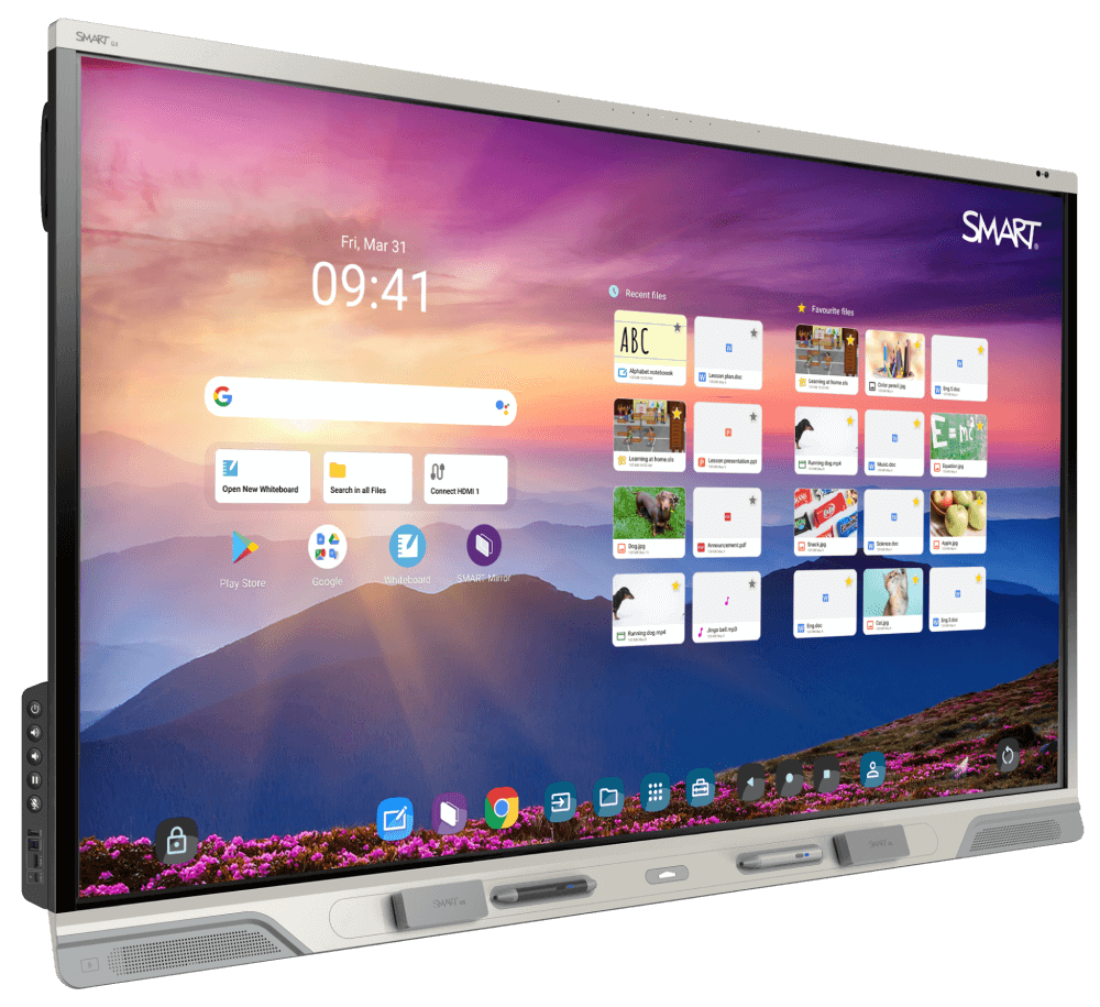 Angled left view of the RX series SMART board in a classroom setting, demonstrating interactive learning tools on a user-friendly interface for enhanced student engagement.