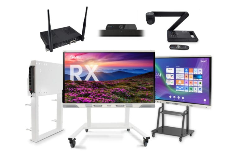 Assortment of SMART Board accessories including computing modules, cameras, and mounting solutions, designed to enhance interactive educational experiences.