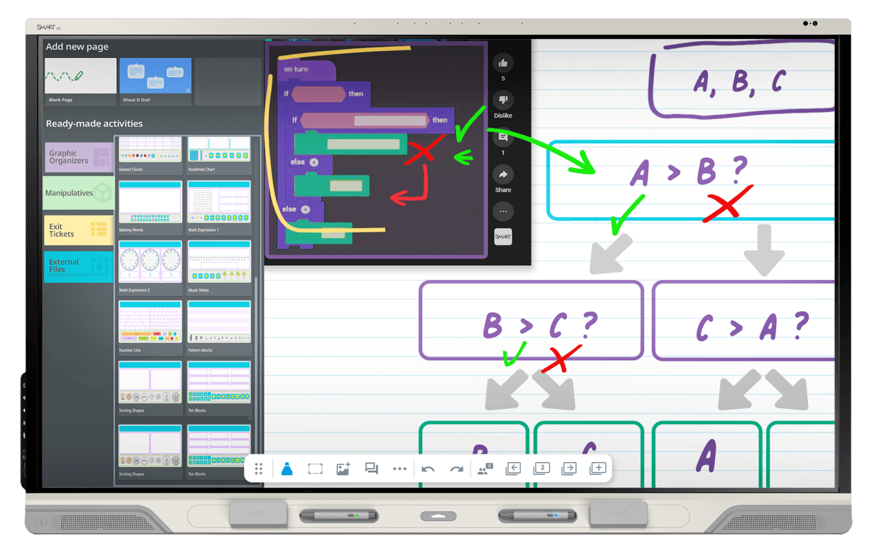 Interactive SMART Board RX series display showcasing a coding activity with blocks and logic sequences, alongside tools for classroom engagement and learning.