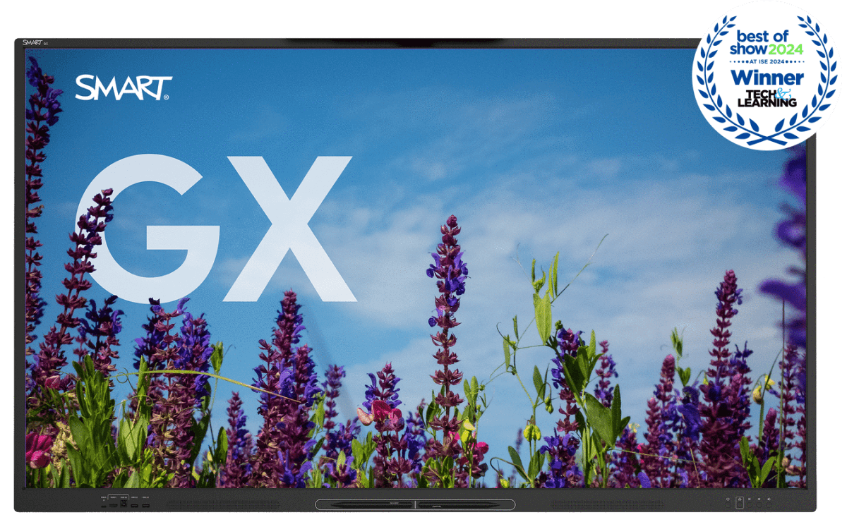 SMART GX165-V3 interactive whiteboard awarded Best of Show 2024, displaying lupine flowers against blue sky
