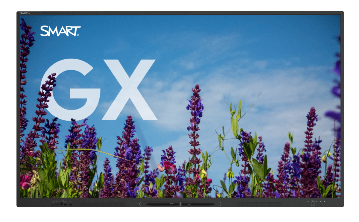 SMART Board GX series interactive display in an educational setting with a vibrant floral background promoting engagement and learning.