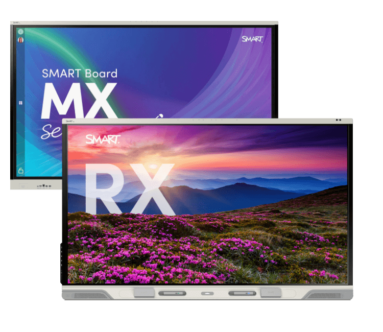 Two SMART interactive displays against a vibrant backdrop, the upper with MX series branding and a purple sky, the lower with RX series and a picturesque mountain sunset.