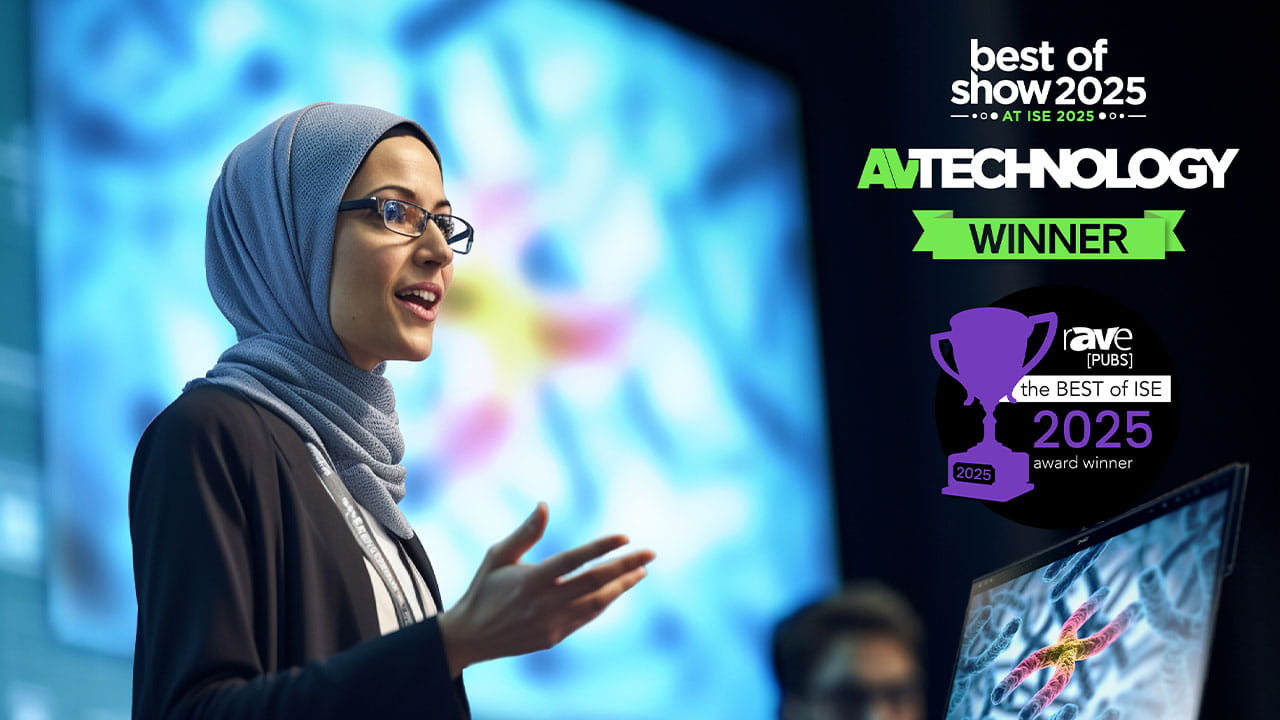 SMART Board® Mini 727 Interactive Podium 4 SMART Board Mini Interactive Podium recognized as the 'Best of Show 2025' and 'Best of ISE 2025' winner, shown in a live presentation setting.