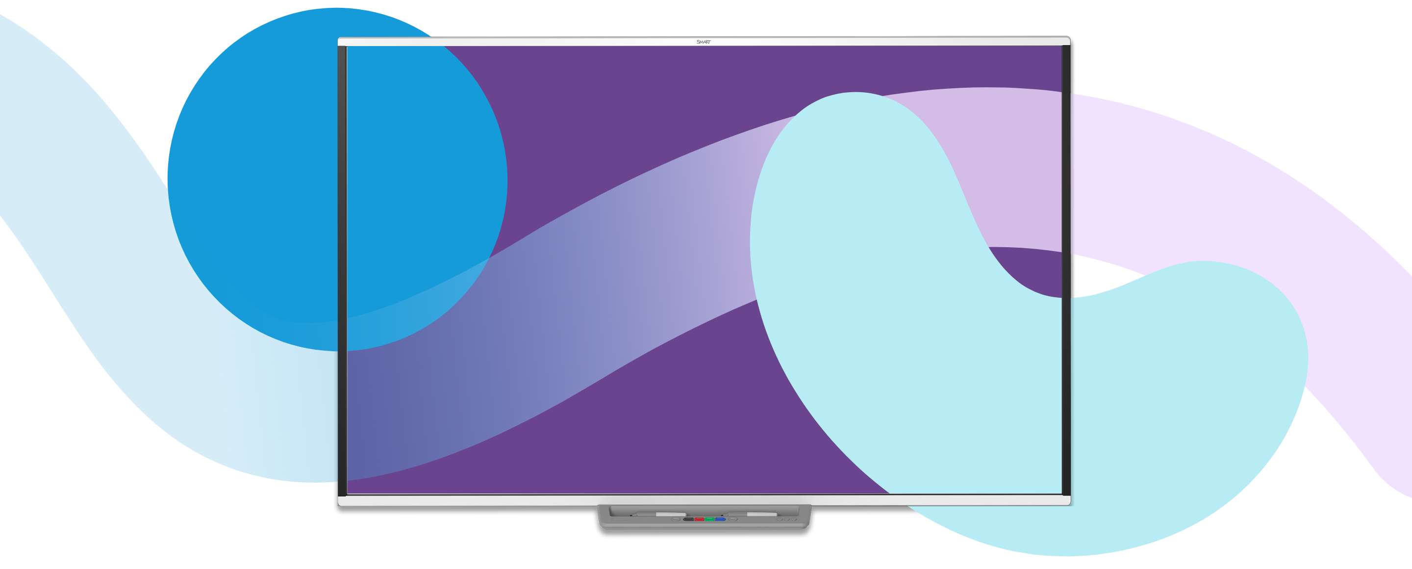 SMART Board interactive whiteboard displayed against a background of abstract, colorful shapes, illustrating the sleek design and vibrant display capabilities of the educational technology.