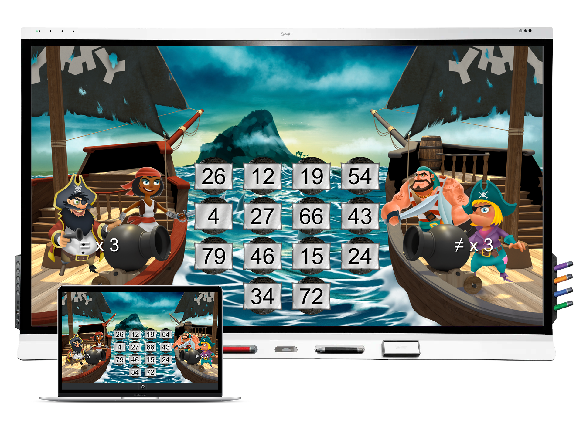 Interactive SMART Board displaying a pirate-themed math game to enhance student engagement.