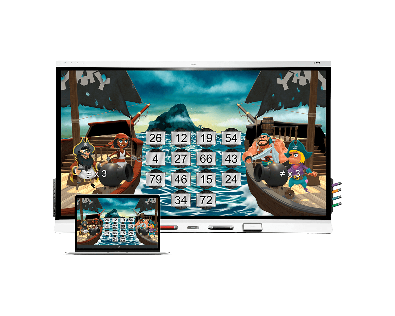 Interactive SMART Board displaying a pirate-themed math game to enhance student engagement.
