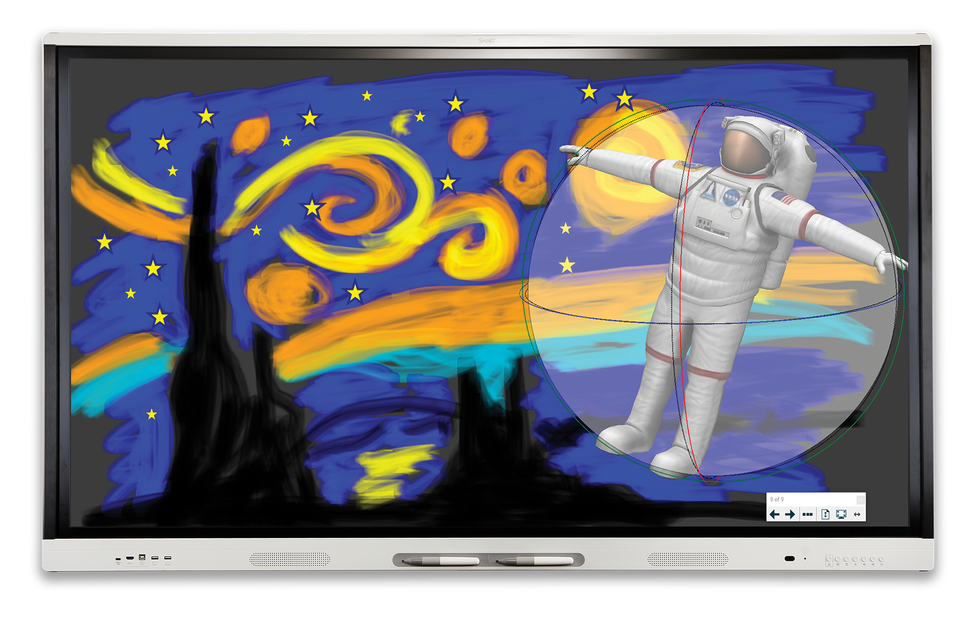 Digital illustration of an astronaut floating in space with stars and swirls on an interactive SMART Board.