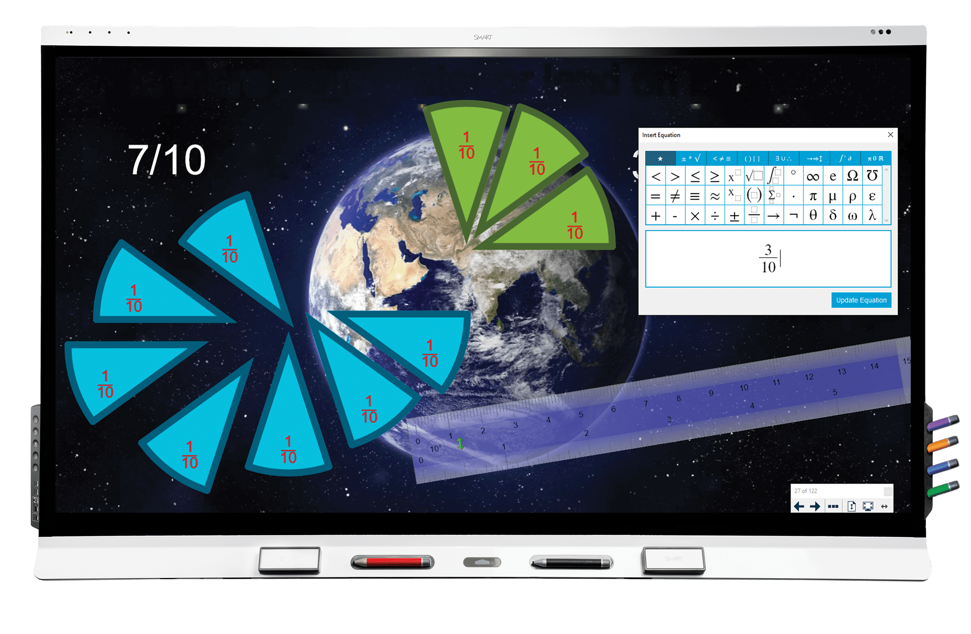 SMART Notebook educational tool displayed on a SMART Board featuring a space scene and math fractions exercise, free to download.