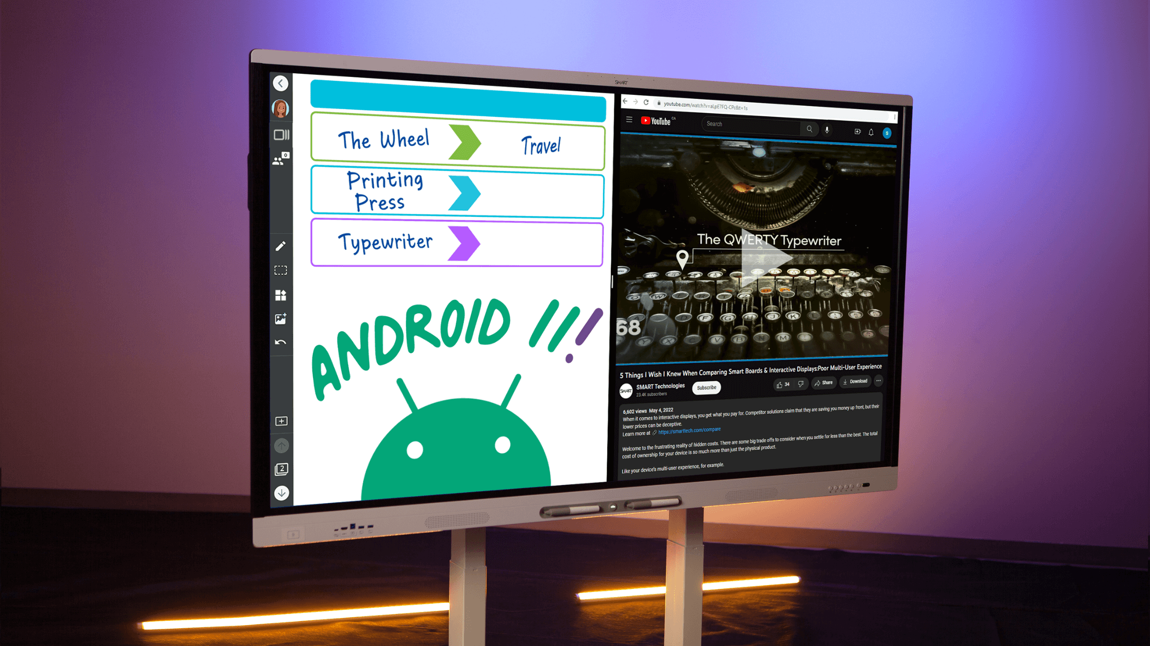 A SMART Board featuring split screen mode with a browser open on the right and a whiteboard on the left.