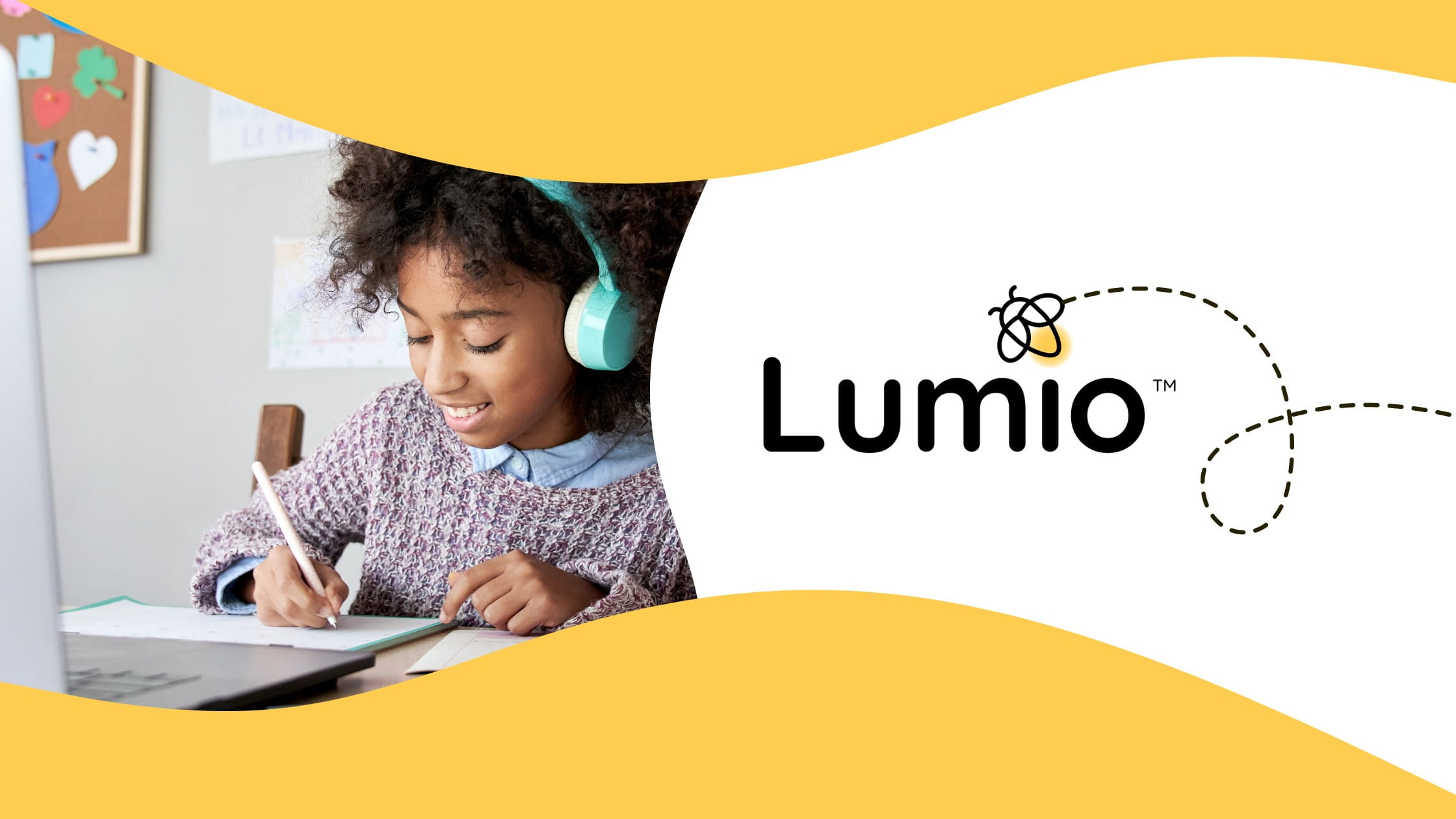 A child sitting in front of a laptop, writing on a piece of paper. The image depicts the combination of asynchronous learning with Lumio to create more engaging and interactive lessons.