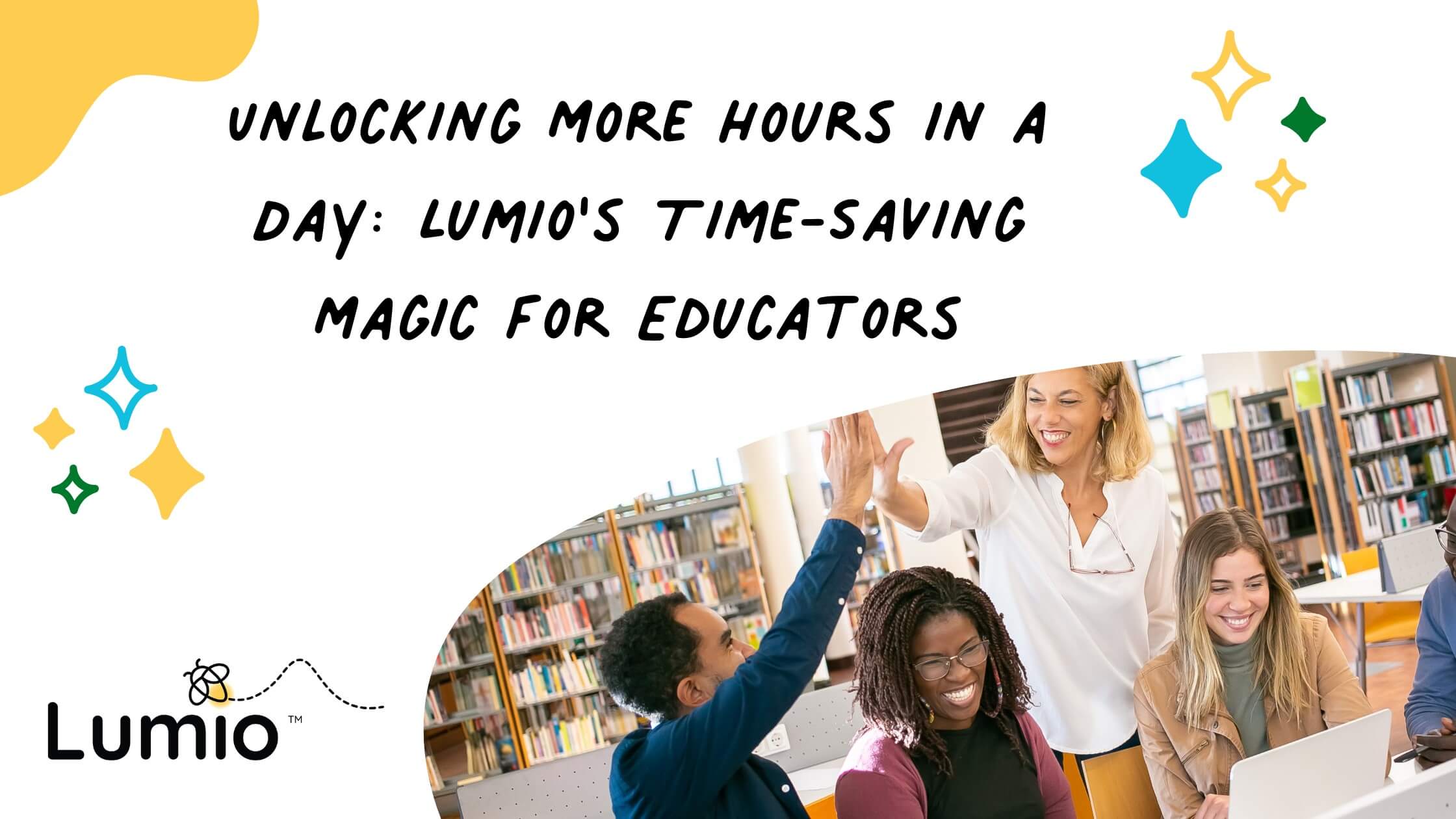 Teachers in a school library collaborating around EdTech tools like Lumio.