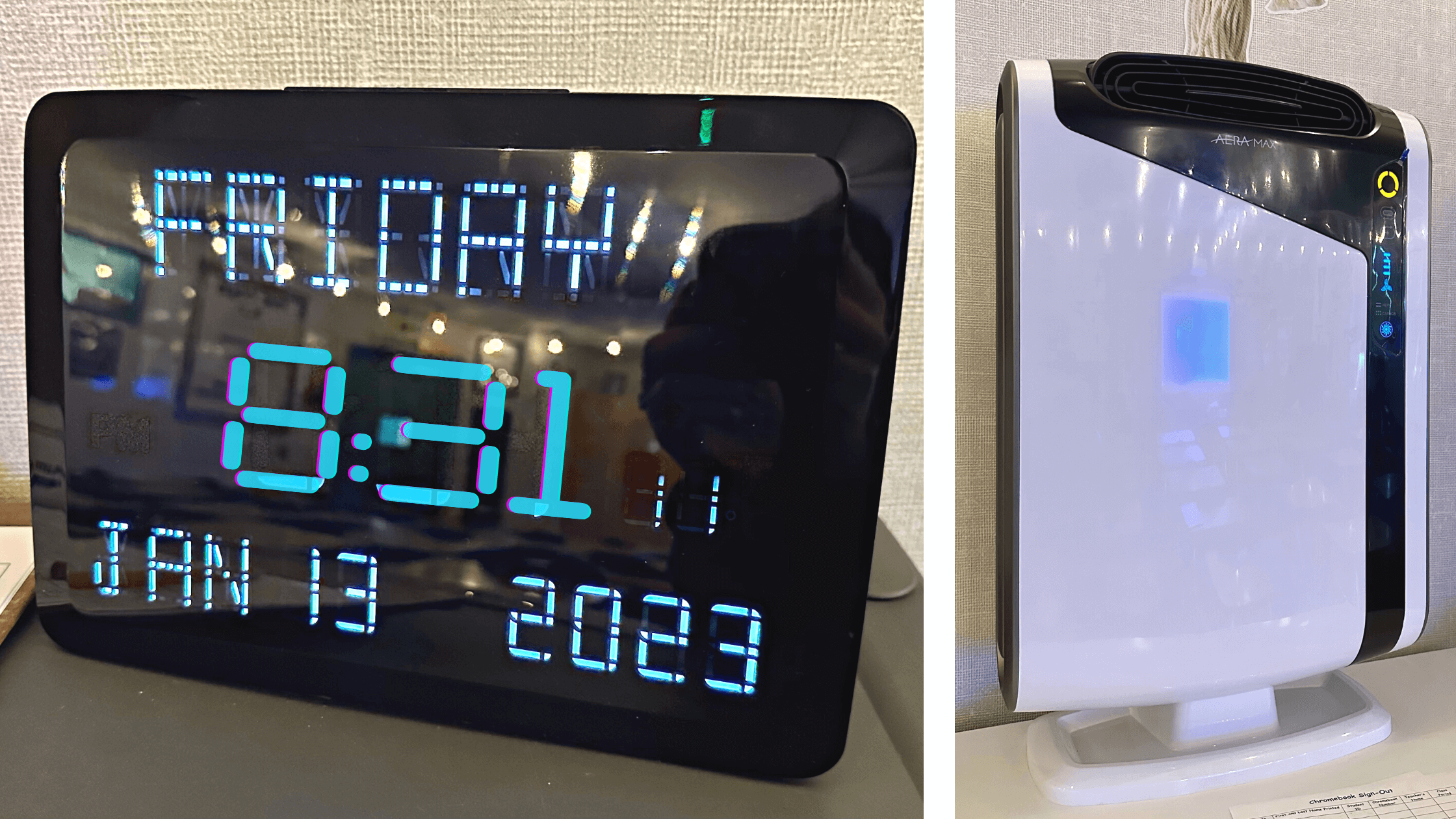 Image of an Air Purifier and a Digital Clock
