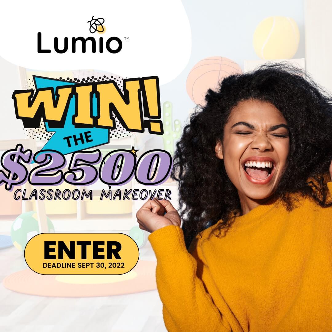 An image featuring the text "WIN with Lumio" against a colorful background.