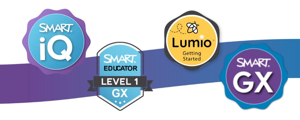 Collection of SMART product badges including SMART iQ, SMART Educator Level 1 GX, Lumio Getting Started, and SMART GX.