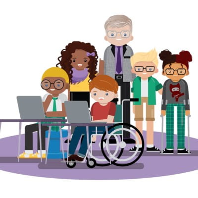 Illustration of a diverse group of children and a teacher in a classroom setting, including kids with glasses, a wheelchair, and different ethnic backgrounds.