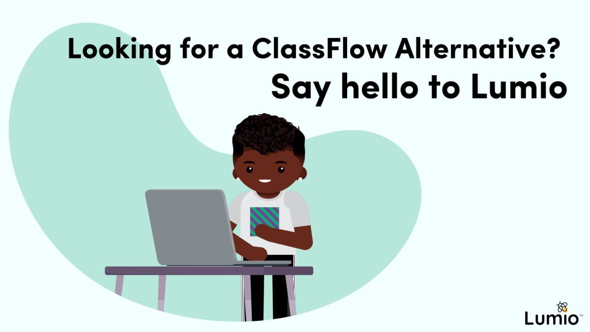 An animation of a teacher using a laptop. The title reads “Looking for a ClassFlow Alternative? Say hello to Lumio.”