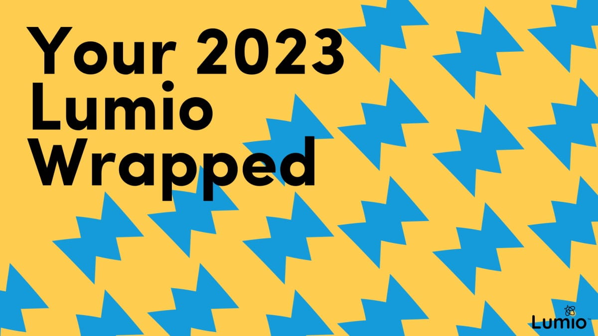 Bright graphic with a yellow and blue with the words “Your 2023 Lumio Wrapped” overlaid.
