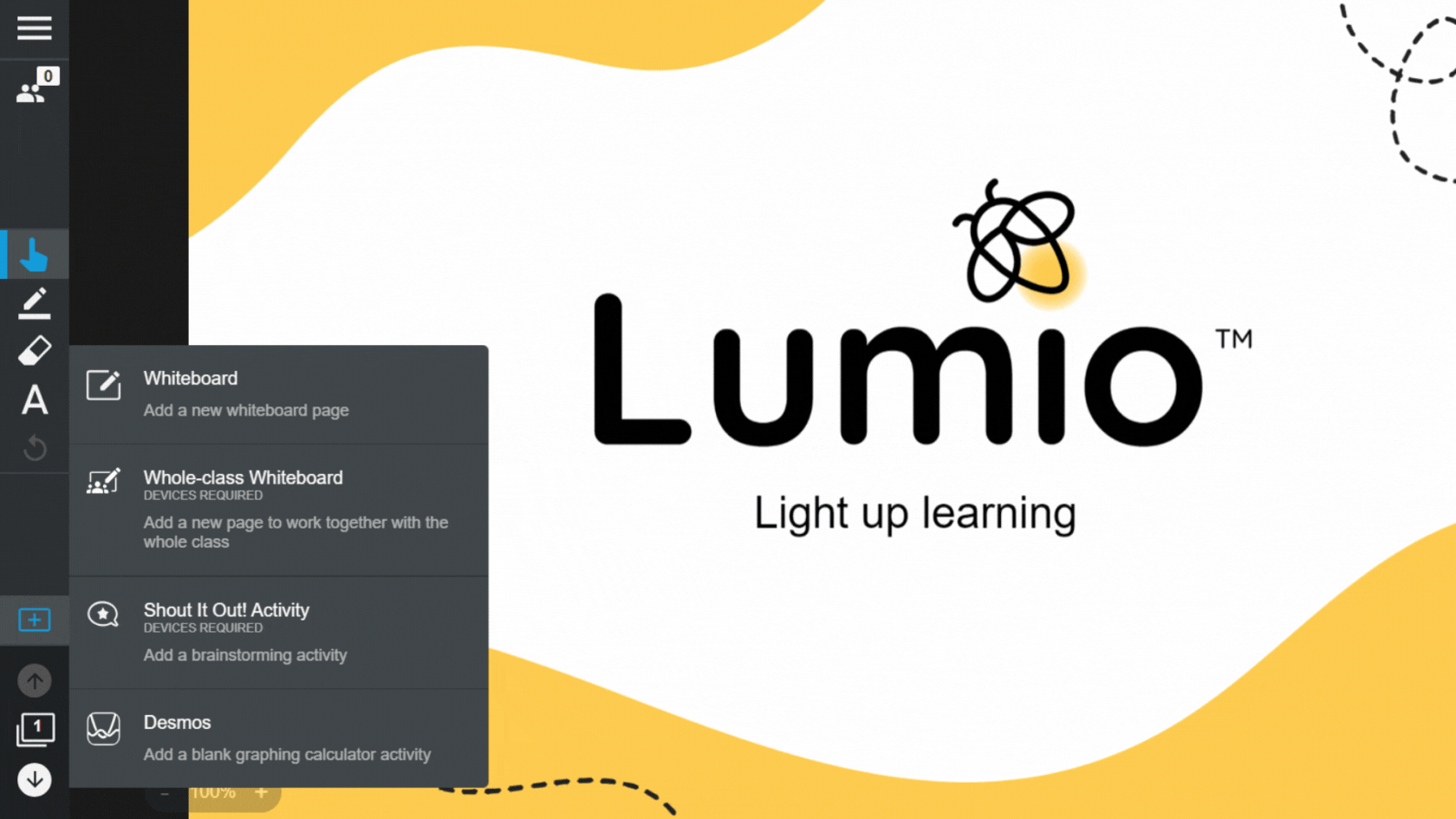 A screenshot of the Lumio application interface. On the left, there's a vertical menu with options like "Whiteboard", "Whole-class Whiteboard", "Shout It Out! Activity", and "Desmos".