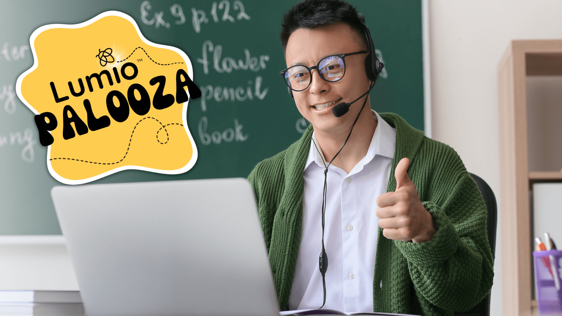 Image of an educator using a laptop with a Lumio Palooza sticker on the front.