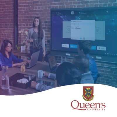 A team of researchers collaborating infront of a SMART Board. There is an opaque purple and blue screen above the image and the Queens University logo sits in the bottom right corner of the image.
