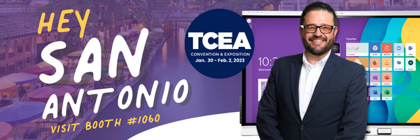 A man standing in front of a SMART Board for education and text that writes “Hey San Antonio, visit booth #1060” and the TCEA logo.