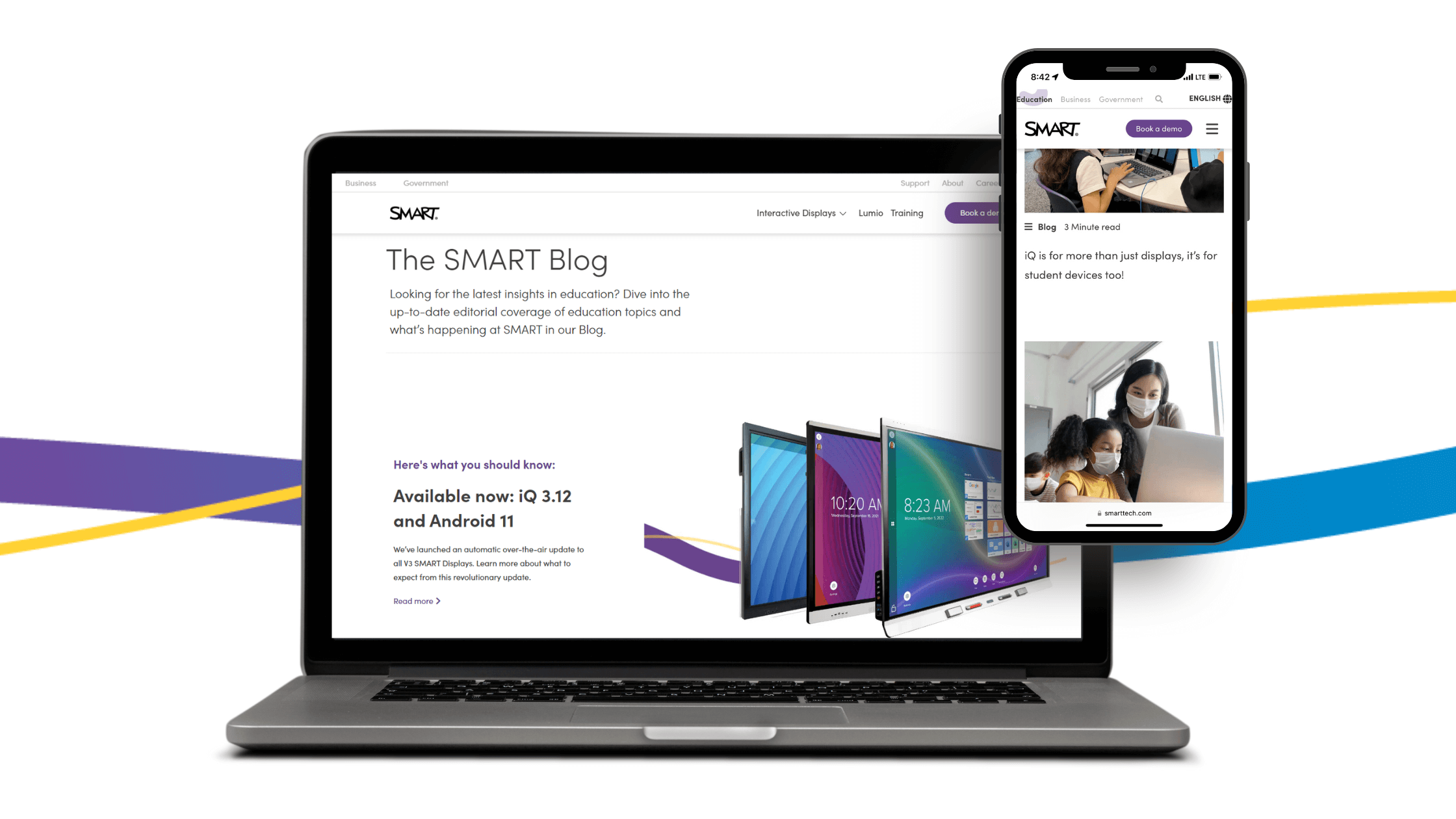A computer and an iPhone showcasing the SMART Technologies blog on their screens.