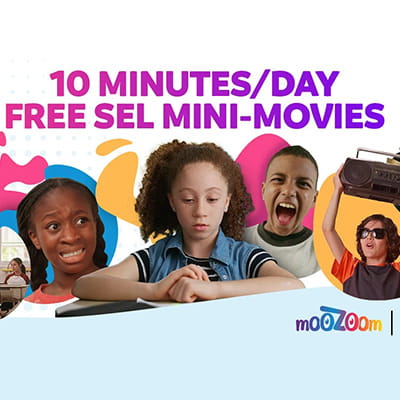 Promotional image for 10 minutes per day free SEL (Social and Emotional Learning) mini-movies featuring diverse children and retro radio graphics.