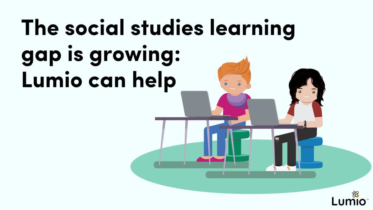Illustration of two students using laptops with text 'The social studies learning gap is growing: Lumio can help', promoting Lumio educational software.