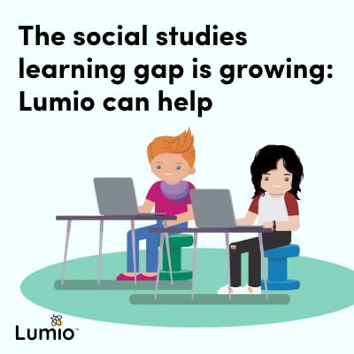 Illustration of two students using laptops with text 'The social studies learning gap is growing: Lumio can help', promoting Lumio educational software.