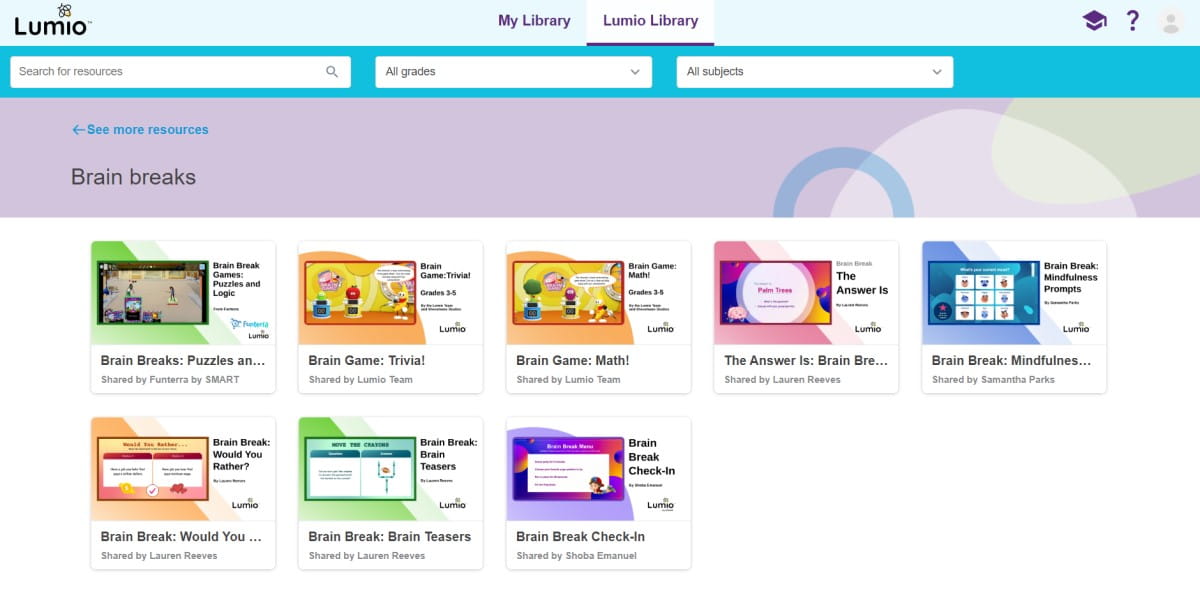 Screenshot of Lumio's educational platform displaying a variety of 'Brain Breaks' activities to help students refresh during lessons.