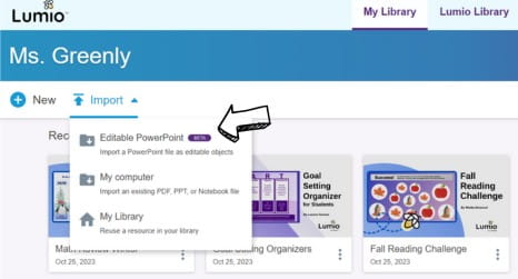 Preview of Lumio's user interface highlighting the new feature that allows educators to edit PowerPoint slides directly within the platform.