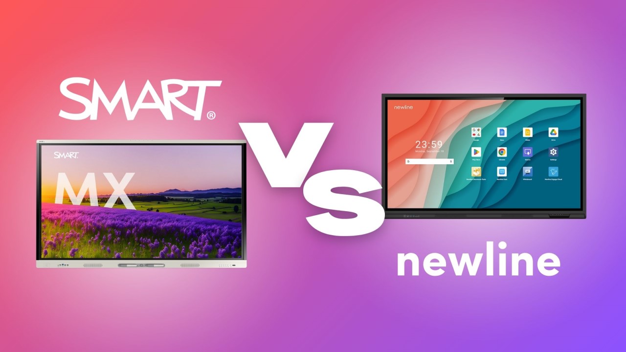 “SMART VS Newline” appears on top of two images of interactive displays.