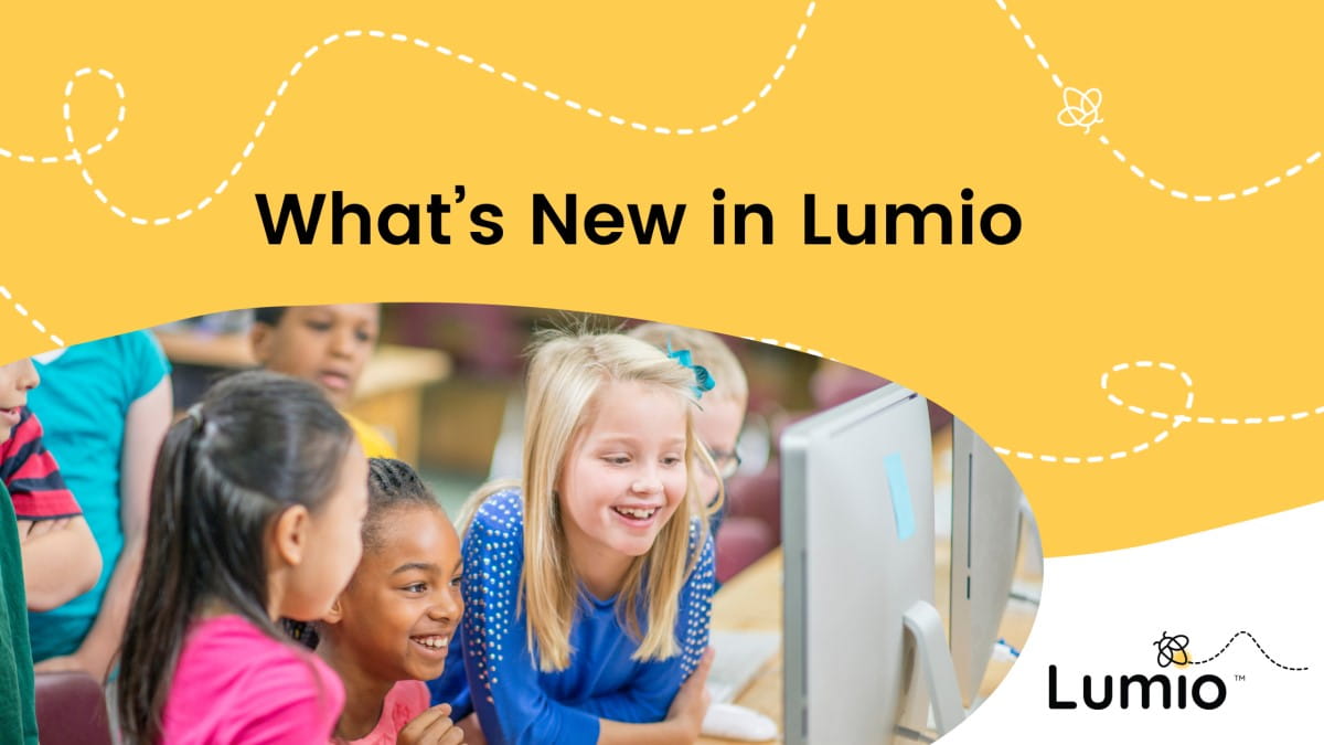 Banner image showing excited children using Lumio educational software on a computer in a classroom setting, titled 'What's New in Lumio'.