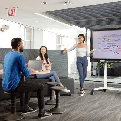 A group of professionals taking part in corporate training using an interactive display