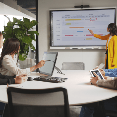 A group of professionals taking part in corporate training using an interactive display