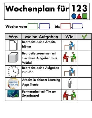 Weekly activity planner in German with tasks involving worksheets, a dice game, time exercises, and a SMART Board collaboration.