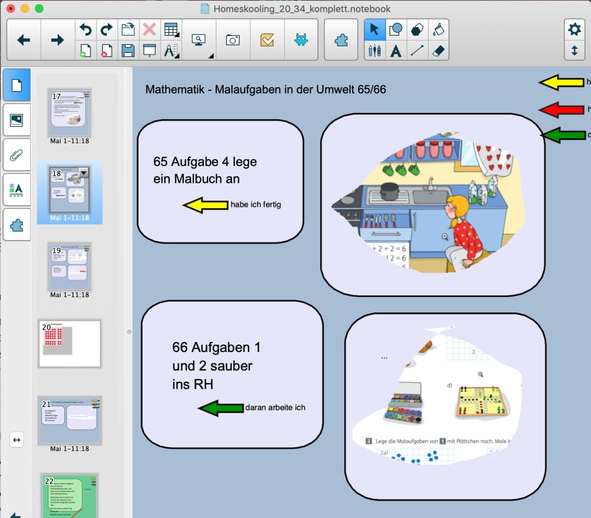 Screenshot of a SMART Notebook software page showing math activities with colorful illustrations and instructions in German.