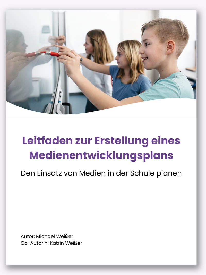 Primary school students using digital tools on a SMART board.